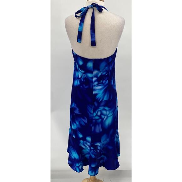 Vintage Y2k Floral Print Halter Empire Waist Midi Dress Ruffled Hem Blue 10 - Picture 7 of 9